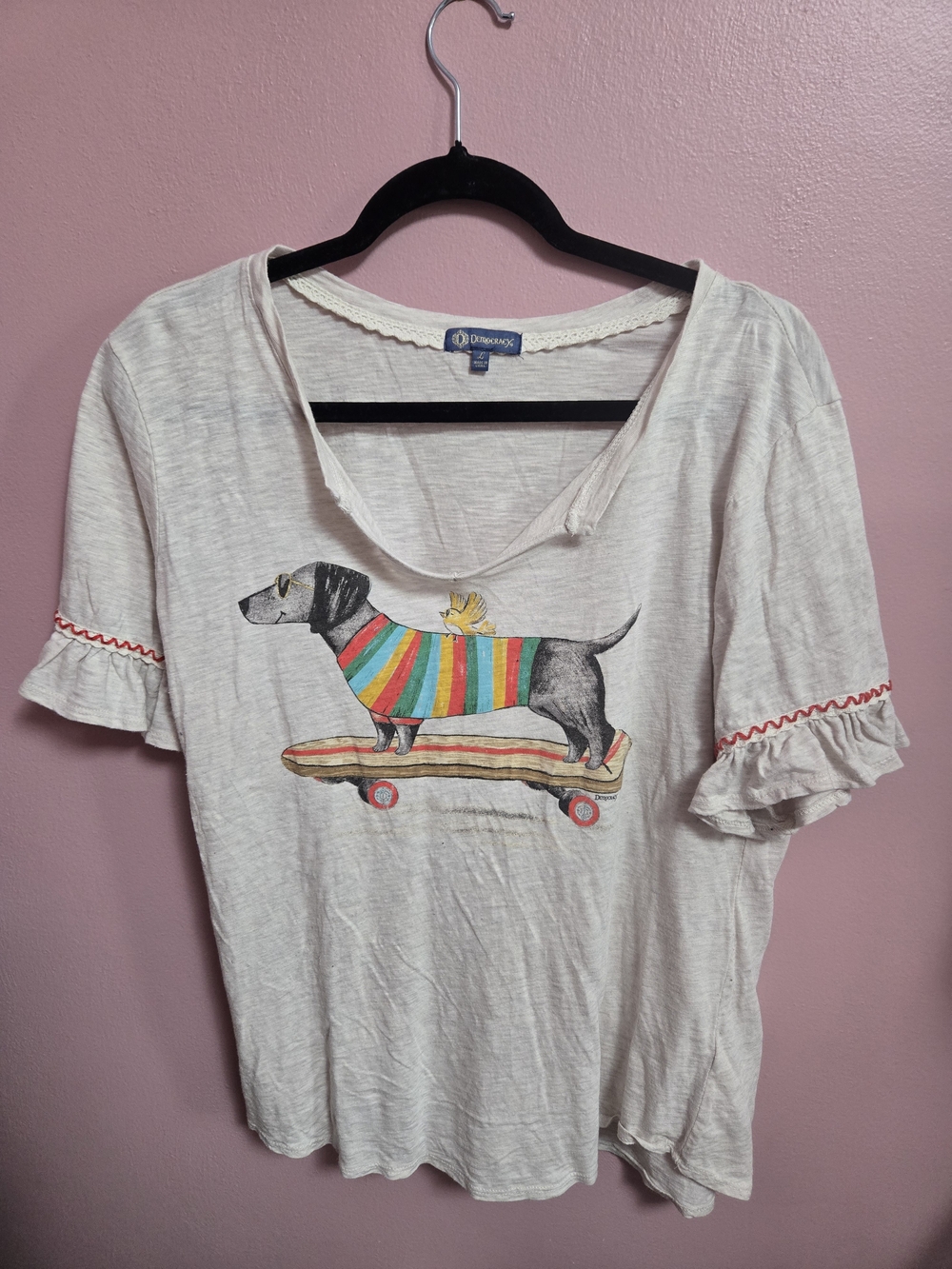 Democracy Cream Dachshund Skateboard Graphic Dog Tee with Multicolor Stripe